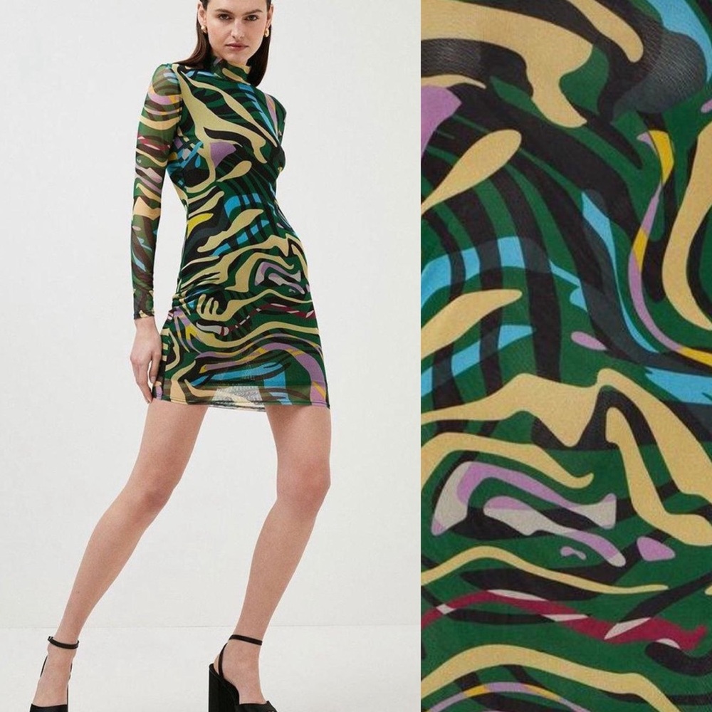 Karen Millen Abstract Mesh Mini Dress | Mock Neck Bodycon | Size 10